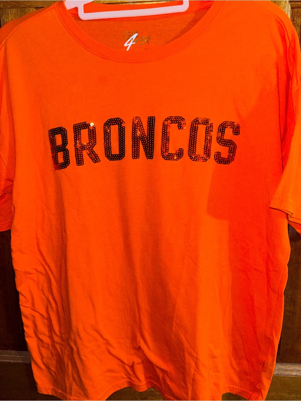 BRONCOS Orange Men's T-Shirt - Sequin Logo Women's Large